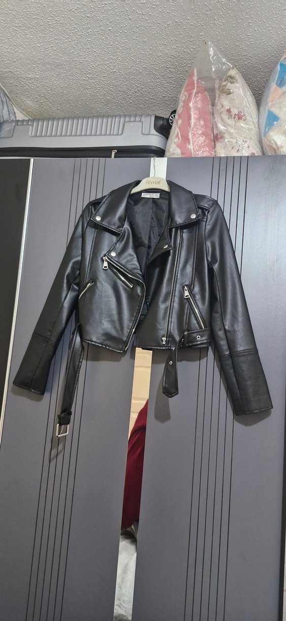 Siyah Kemerli Mini Deri Biker Ceket - Görsel 2