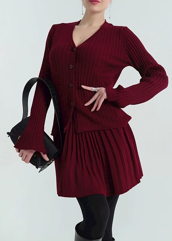 Bordo Mini Triko Elbise, Pilili, Uzun Kollu