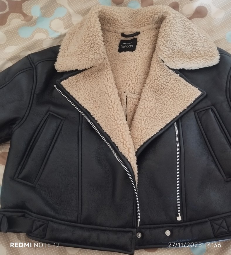 Suni Kürklü Oversize Siyah Biker Ceket - Görsel 2