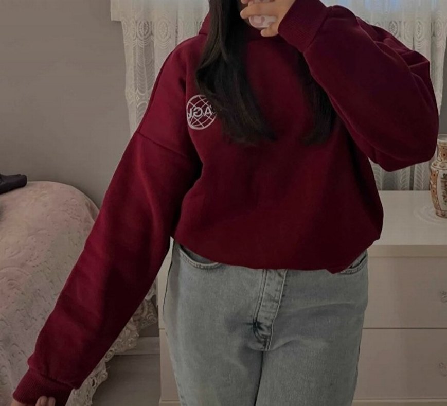 Bordo Kapüşonlu Kadın Sweatshirt - Görsel 2