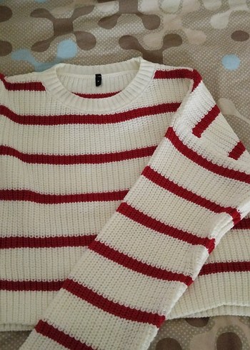 Kırmızı Çizgili Örgü Kadın Kazak - Görsel 2