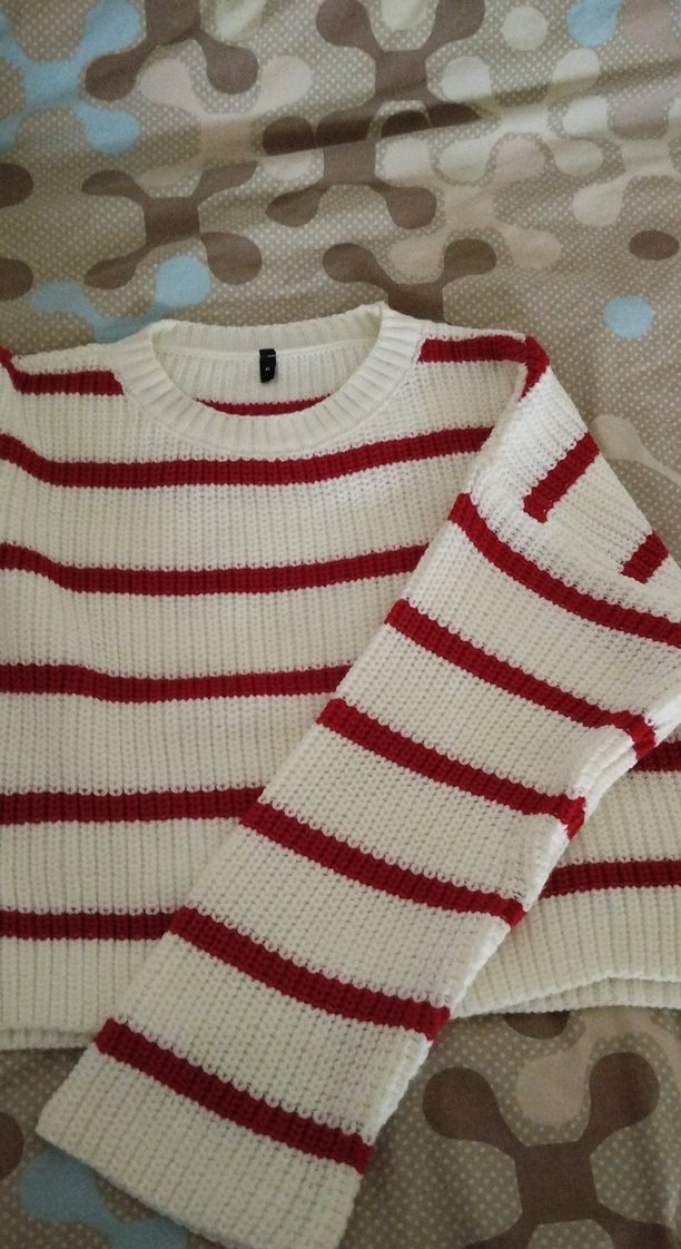 Kırmızı Çizgili Örgü Kadın Kazak - Görsel 2