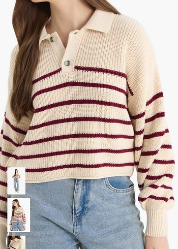 Bej Çizgili Örgü Kadın Kazak - Görsel 2