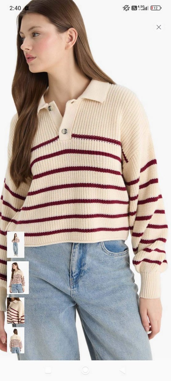 Bej Çizgili Örgü Kadın Kazak - Görsel 2