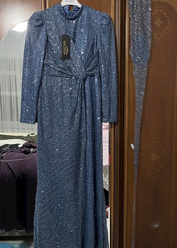 Drapeli Uzun Kollu Mavi Yılan Desenli Abiye Elbise