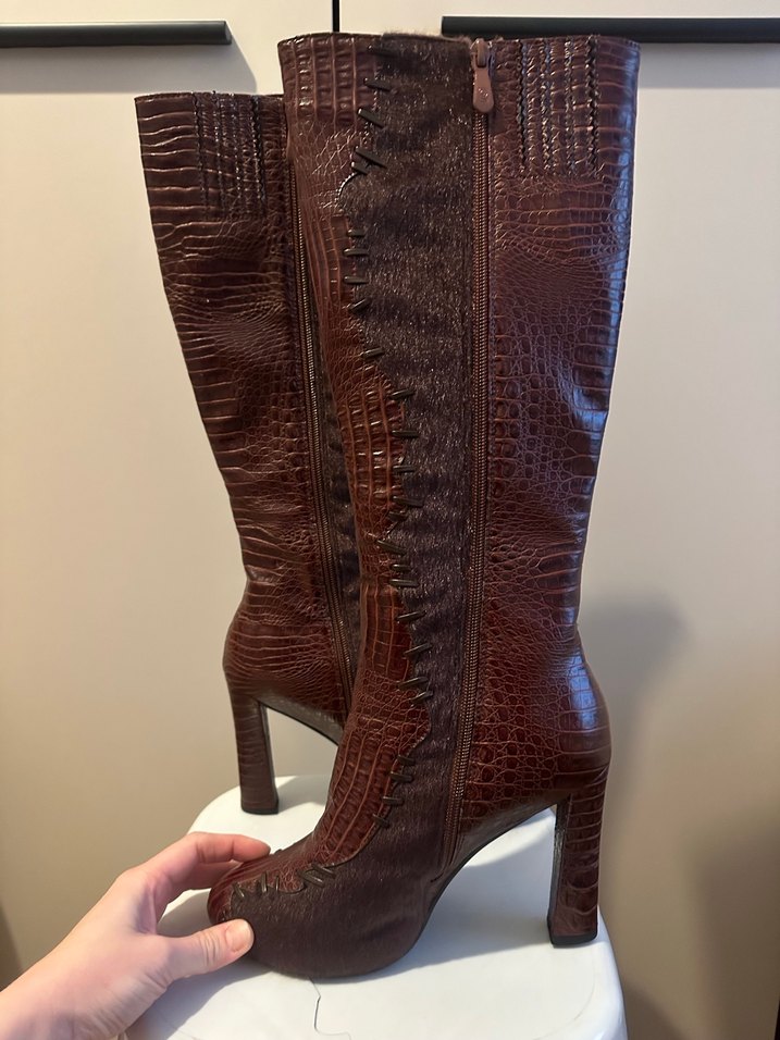 Bordo kahve Deri Kadın Diz Boyu Topuklu Çizme - Görsel 2