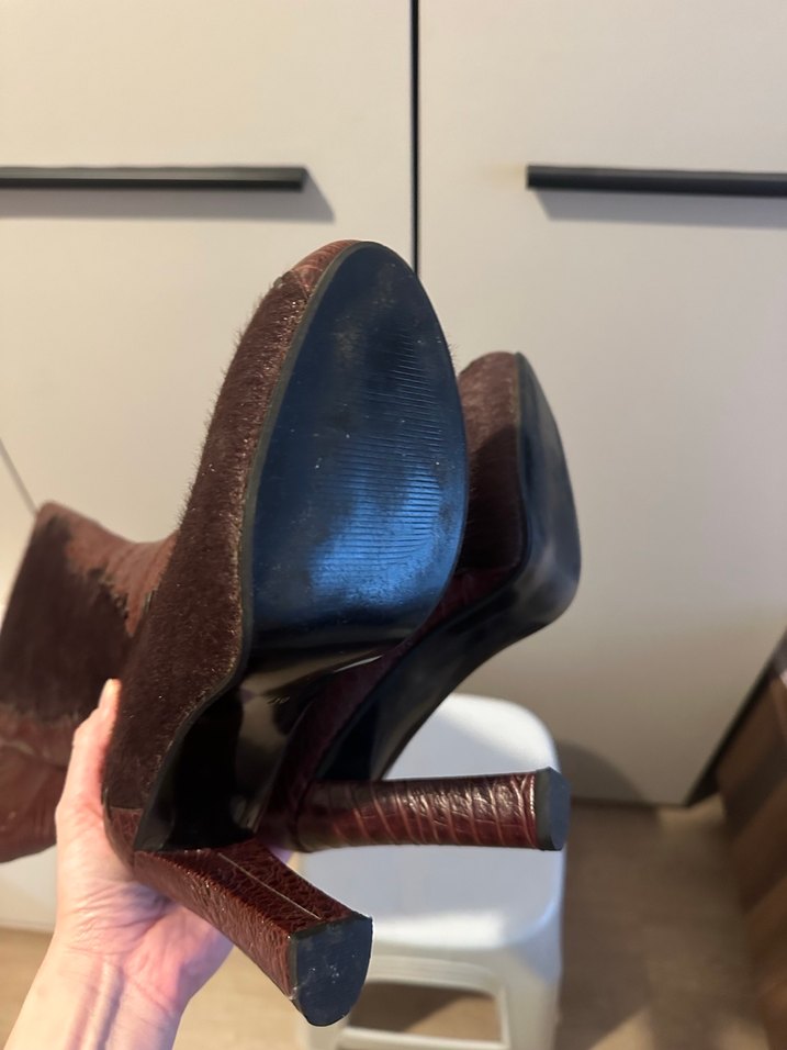 Bordo kahve Deri Kadın Diz Boyu Topuklu Çizme - Görsel 3