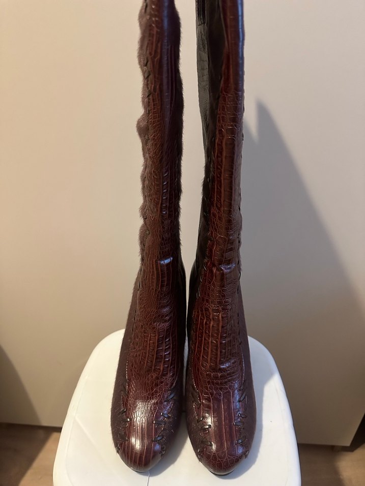 Bordo kahve Deri Kadın Diz Boyu Topuklu Çizme - Görsel 4