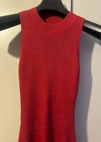 Kırmızı Triko Yüksek Yakalı Uzun Elbise - Görsel 4