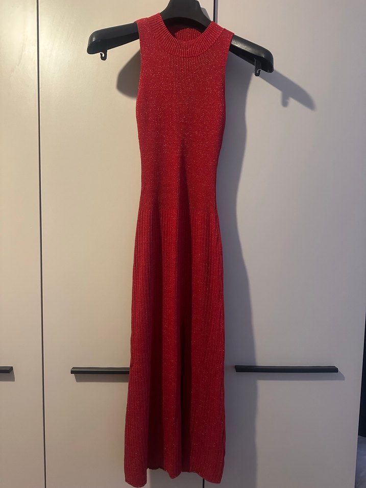 Kırmızı Triko Yüksek Yakalı Uzun Elbise - Görsel 2