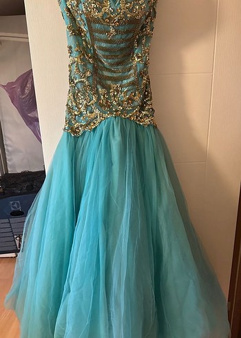 Turkuaz Drapeli İşlemeli Uzun Abiye Elbise - Görsel 2