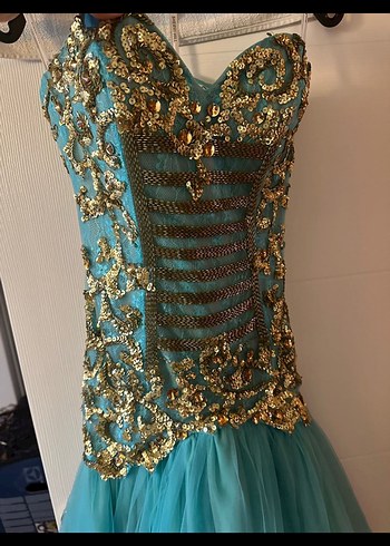 Turkuaz Drapeli İşlemeli Uzun Abiye Elbise - Görsel 3