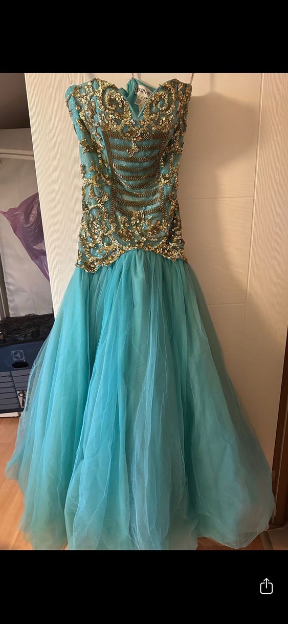 Turkuaz Drapeli İşlemeli Uzun Abiye Elbise - Görsel 2