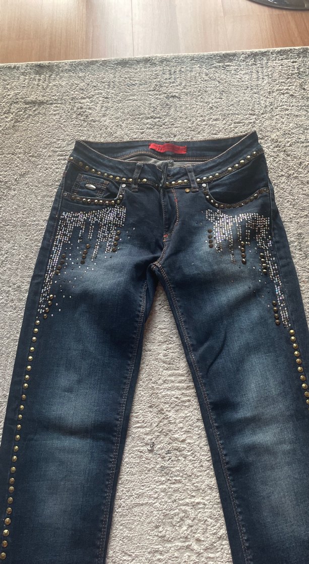 Nakışlı ve Payetli Mavi Kadın Kot Pantolon - Görsel 2