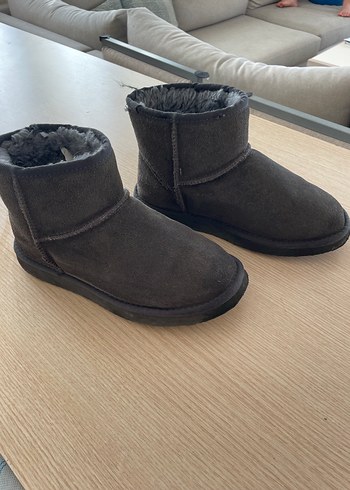 Gri UGG Süet Kadın Bot, Kürklü, Dolgu Topuklu - Görsel 2