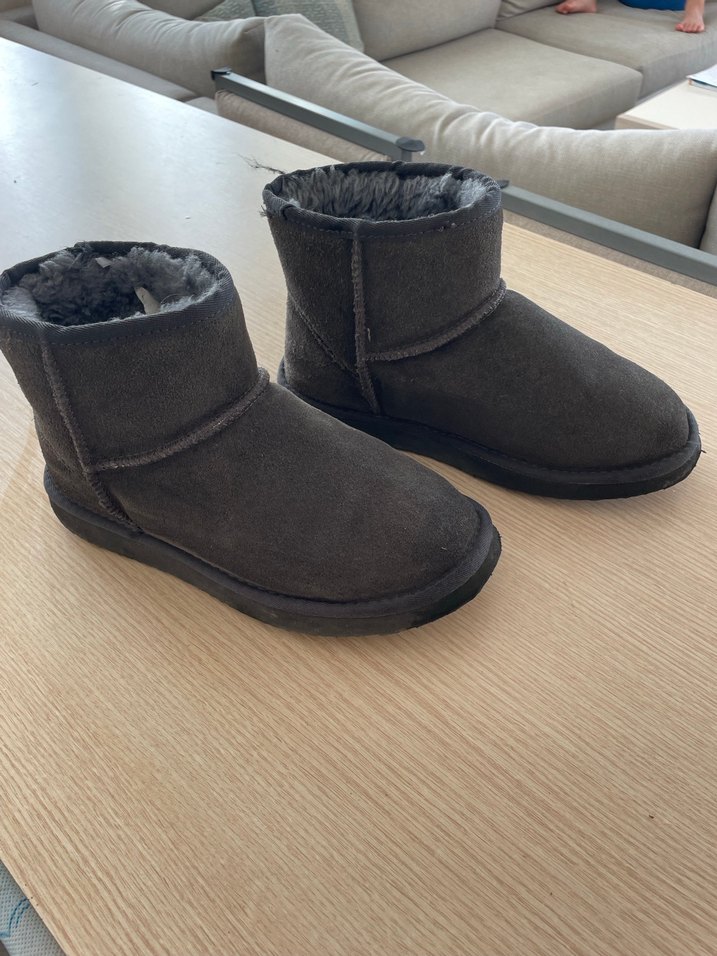 Gri UGG Süet Kadın Bot, Kürklü, Dolgu Topuklu - Görsel 2