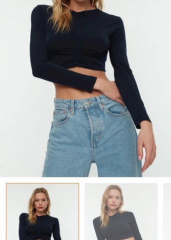 V Yaka Koyu Mavi Uzun Kollu Denim Bluz