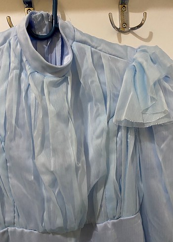 Mavi Drapeli Uzun Kollu Bohem Elbise - Görsel 4