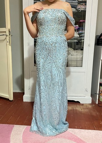 Işıltılı mavi Straplez Uzun Abiye Elbise - Görsel 10