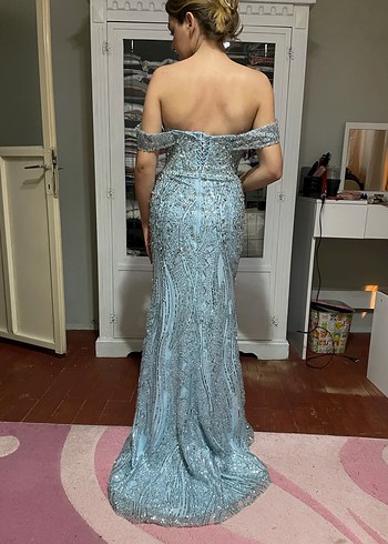 Işıltılı mavi Straplez Uzun Abiye Elbise - Görsel 7