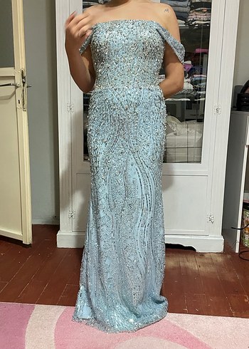 Işıltılı mavi Straplez Uzun Abiye Elbise - Görsel 9