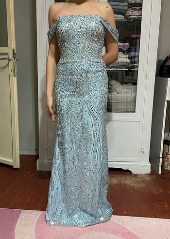 Işıltılı mavi Straplez Uzun Abiye Elbise - Görsel 12