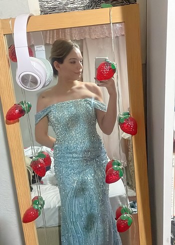 Işıltılı mavi Straplez Uzun Abiye Elbise - Görsel 2