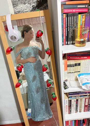 Işıltılı mavi Straplez Uzun Abiye Elbise - Görsel 4