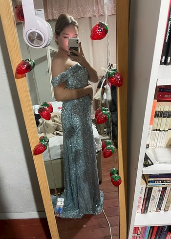 Işıltılı mavi Straplez Uzun Abiye Elbise - Görsel 3