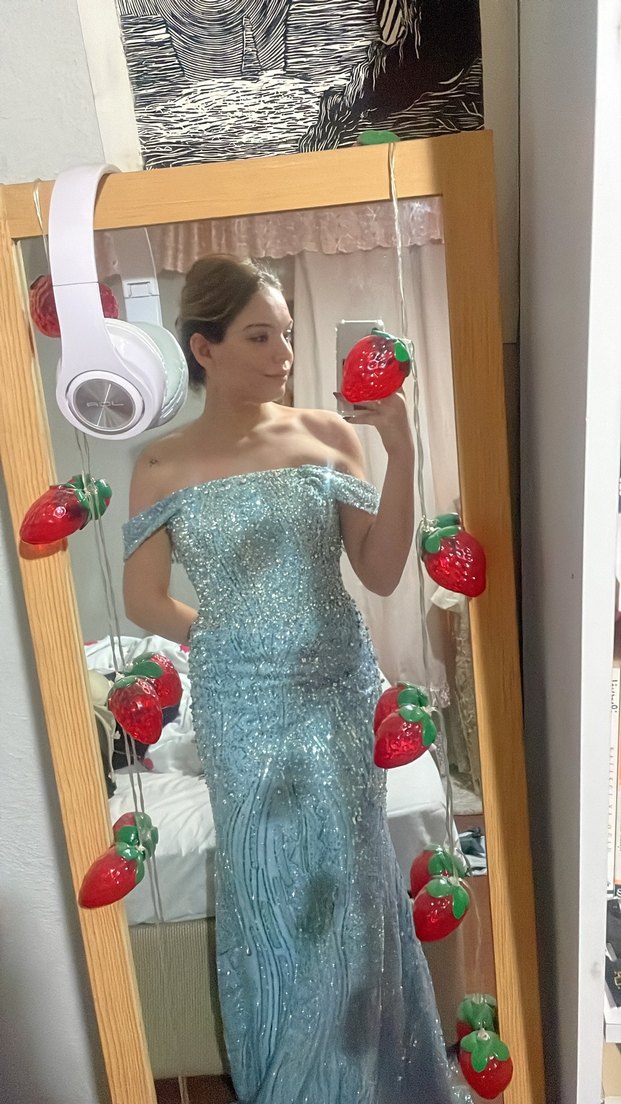 Işıltılı mavi Straplez Uzun Abiye Elbise - Görsel 2