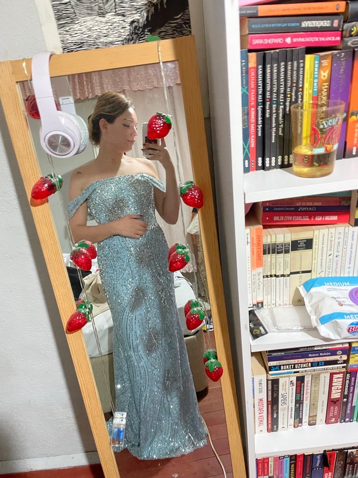 Işıltılı mavi Straplez Uzun Abiye Elbise - Görsel 4