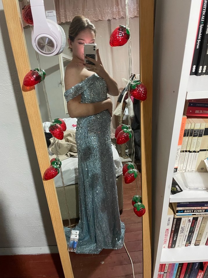 Işıltılı mavi Straplez Uzun Abiye Elbise - Görsel 3