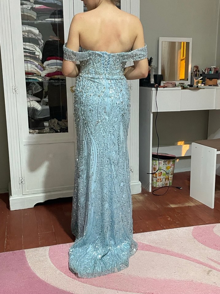 Işıltılı mavi Straplez Uzun Abiye Elbise - Görsel 5