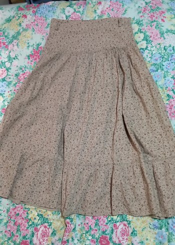 Bej Uzun Volanlı Vintage Etek