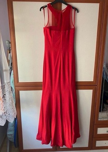 Kırmızı Uzun Drapeli V Yakalı Abiye Elbise - Görsel 3