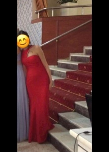 Kırmızı Uzun Drapeli V Yakalı Abiye Elbise - Görsel 2