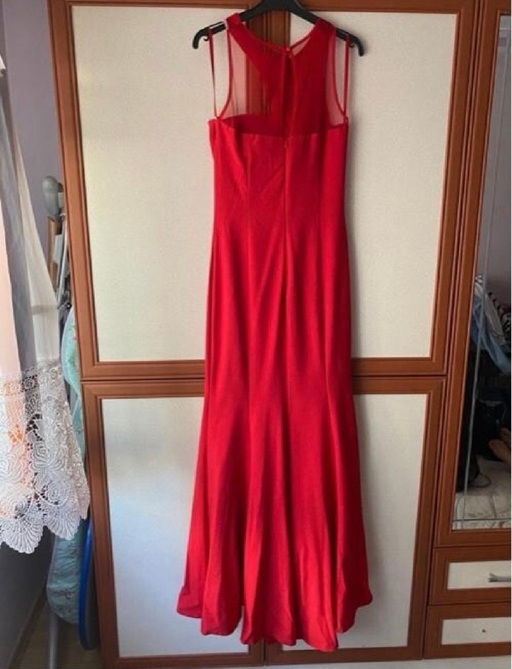 Kırmızı Uzun Drapeli V Yakalı Abiye Elbise - Görsel 3