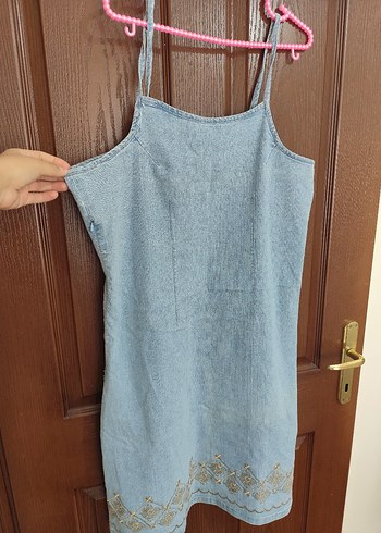 44 Beden mavi Renk Nakışlı Mavi Denim Midi Elbise