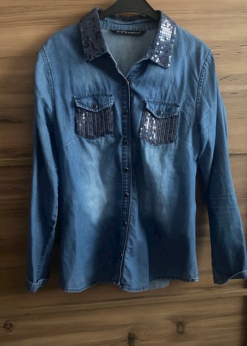 Diğer Payet Detaylı Mavi Denim Kadın Gömlek