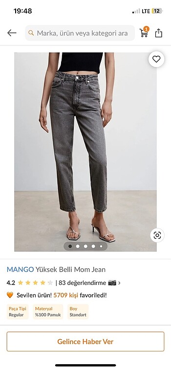 Mango yüksek belli gri jean