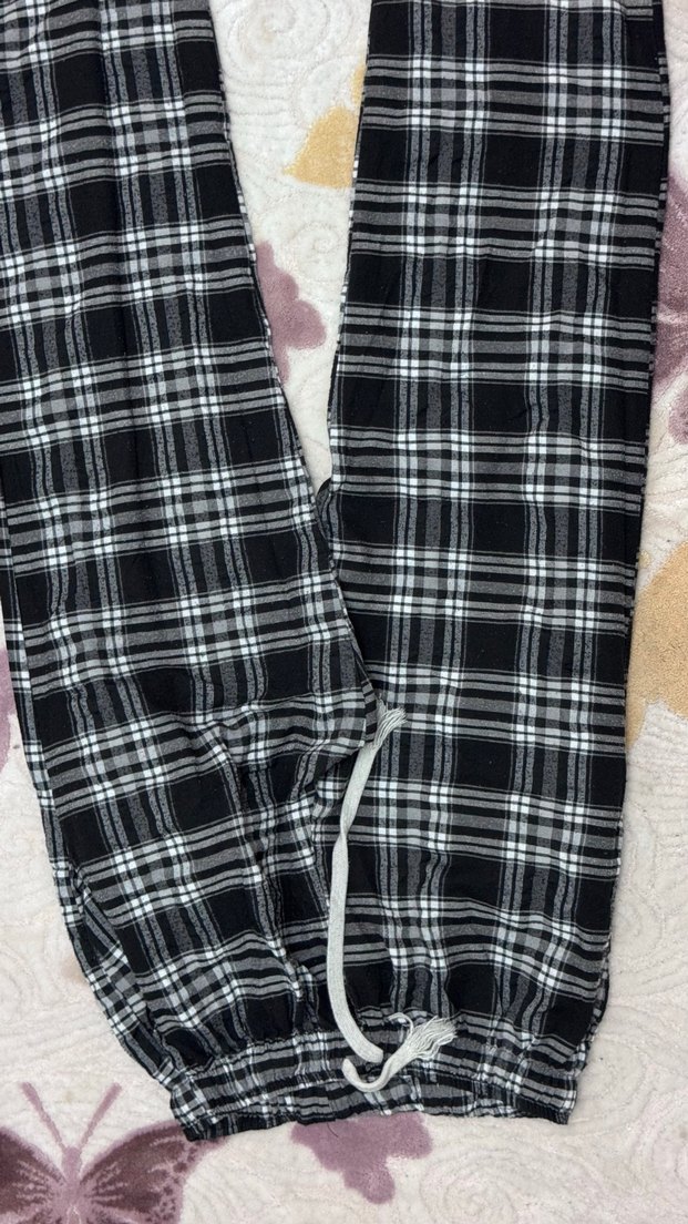 Kadın Siyah Beyaz Ekose Pamuk Pantolon - Görsel 2
