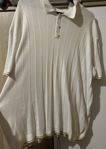 H&M MARKA ORJİNAL Erkek Beyaz Triko Polo Tişört - Görsel 4