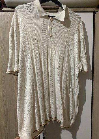 H&M MARKA ORJİNAL Erkek Beyaz Triko Polo Tişört - Görsel 3