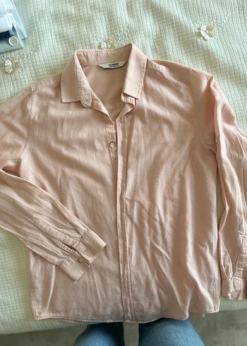 Düğmeli Pudra Keten Gömlek - Görsel 2