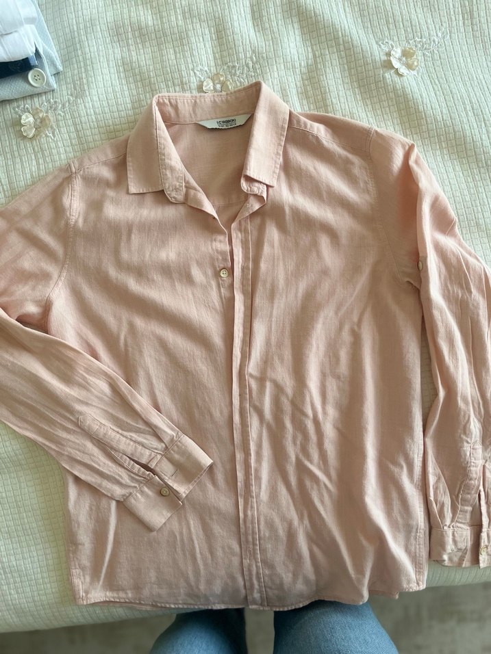 Düğmeli Pudra Keten Gömlek - Görsel 2