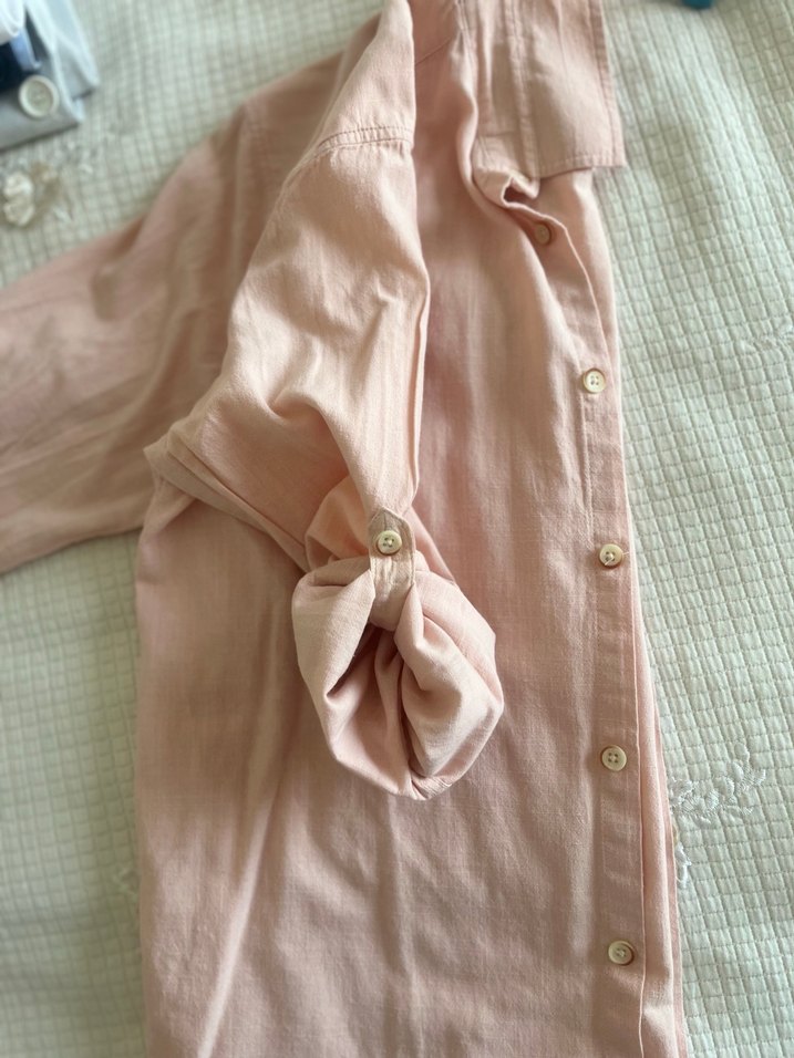 Düğmeli Pudra Keten Gömlek - Görsel 3