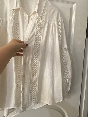 Beyaz keten gömlek geniş kalıp - Görsel 7
