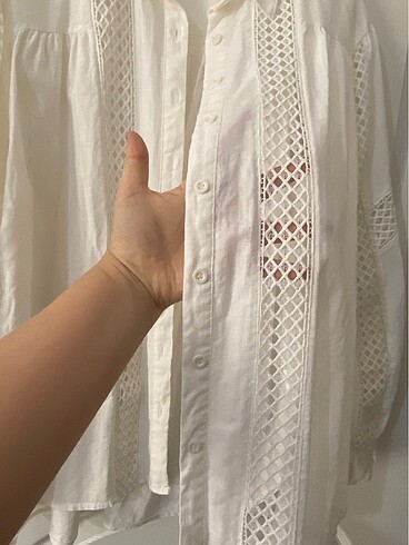 Beyaz keten gömlek geniş kalıp - Görsel 10