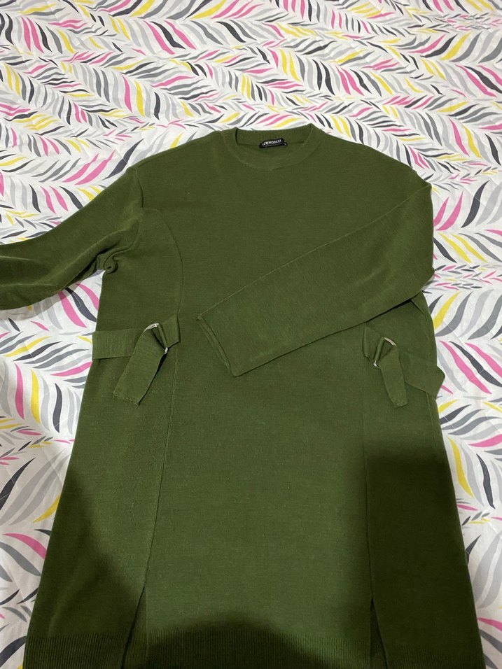 Kadın Haki Uzun Kemerli Triko Kazak - Görsel 4