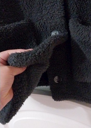 Düğmeli Siyah Midi Kadın Peluş Kaban - Görsel 5